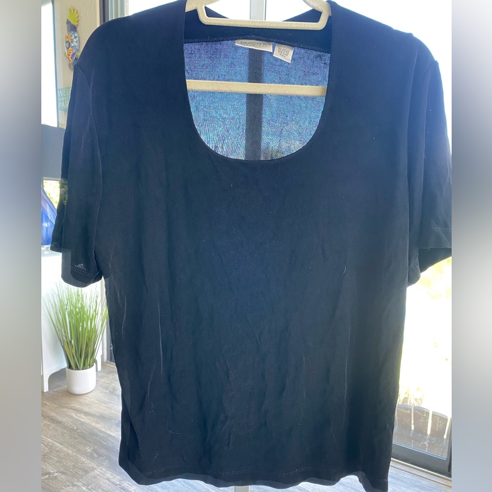 Chico’s Travelers Black Short Sleeve scoop Neck Tee Top, 3/16/XL